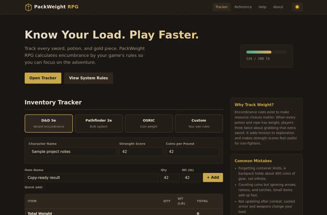 Screenshot of PackWeight RPG | Tabletop Inventory & Encumbrance Tracker interface showing the project page in use